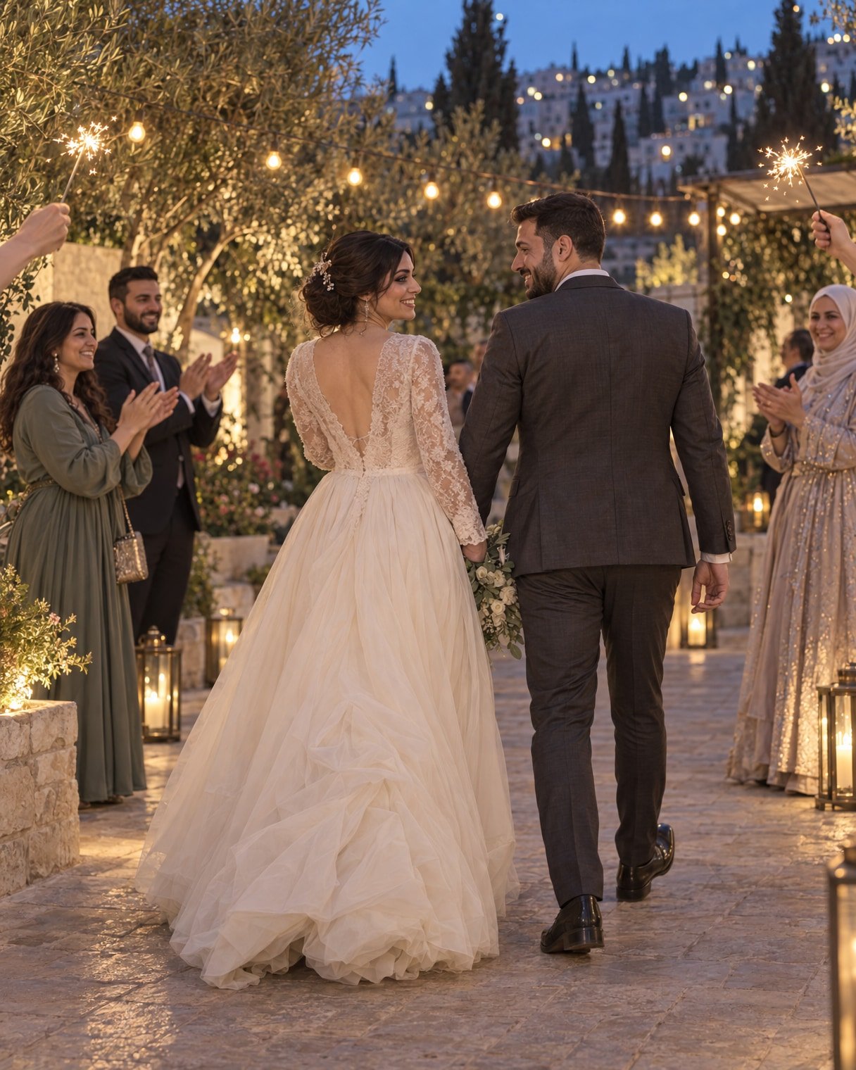 A bride and groom at a wedding celebration with sparklers in the background