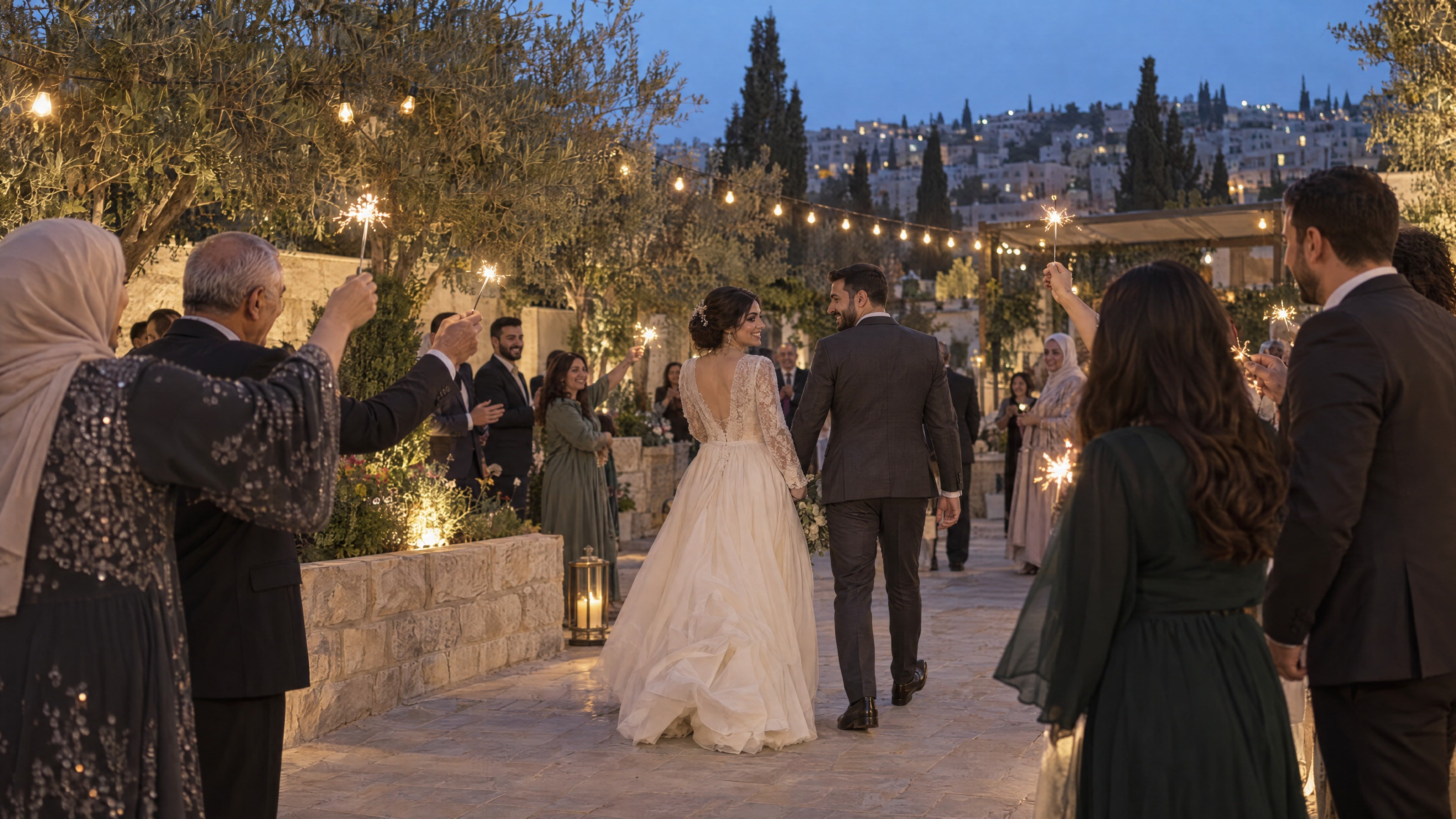 A bride and groom at a wedding celebration with sparklers in the background