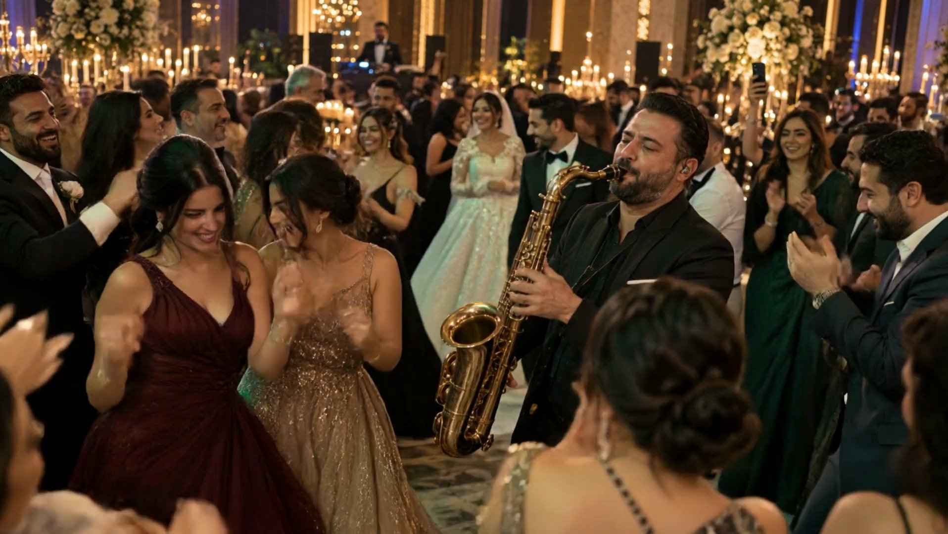 Family and friends dancing and celebrating at a wedding